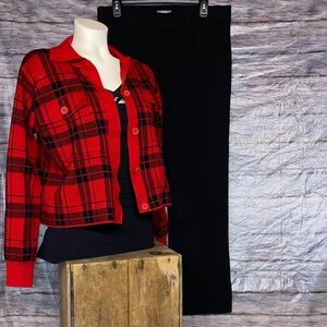 Kathy Ireland Red & Black Plaid Button Down Cropped Cardigan
